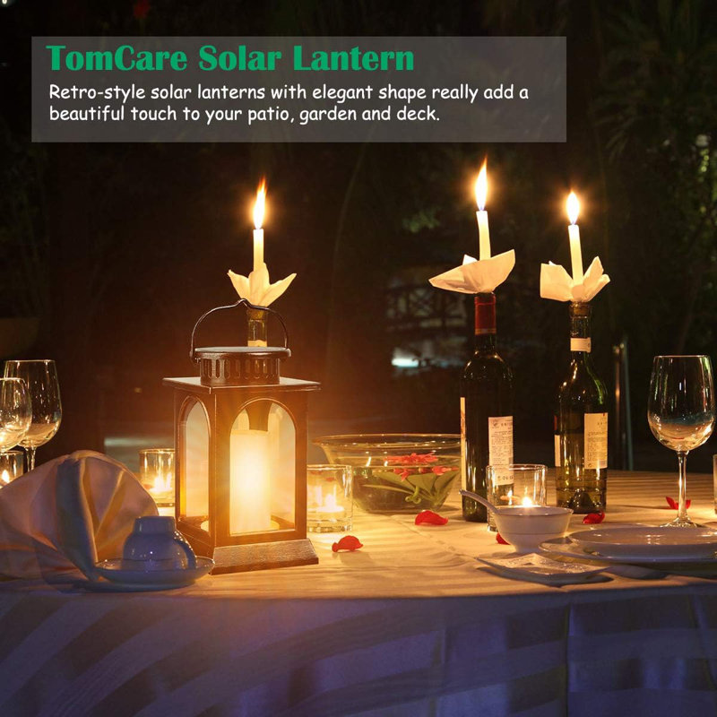 Tomcare solar lights metal flickering flame solar lantern outdoor hanging lanterns lighting heavy duty solar powered hot sale